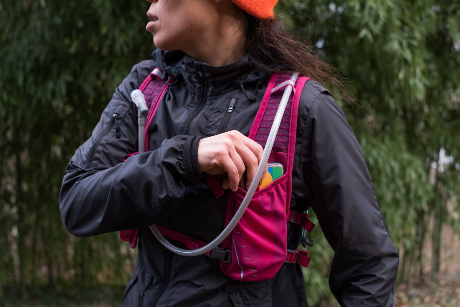 Photo of the front pocket of the Nathan TrailMix 7 Liter Women's Multi-Adventure Vest which is large enough to store a phone, map or gels. 
