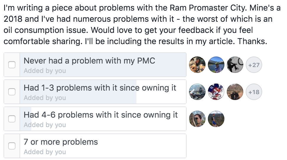 a screenshot of a facebook poll of problems with the Ram Promaster City van.